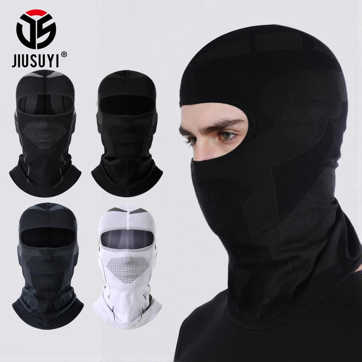 Fem forskellige farver af JIUSUYI balaclava ansigtsmasker til udendørs sport og motorcykel, herunder sort, grå og hvid, med åndbart design.