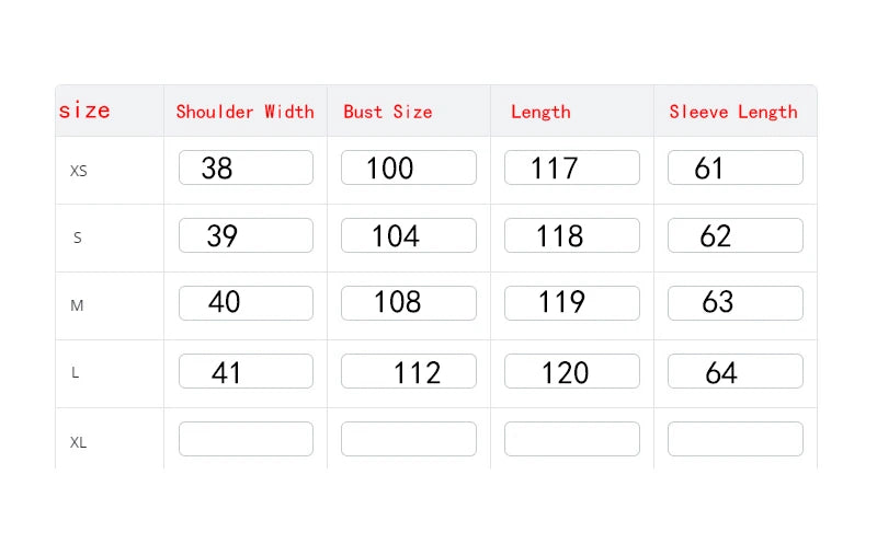 Størrelsesguide tabel for tøj med målinger: skulderbredde, bryststørrelse, længde og ærmelængde for størrelser XS til XL.