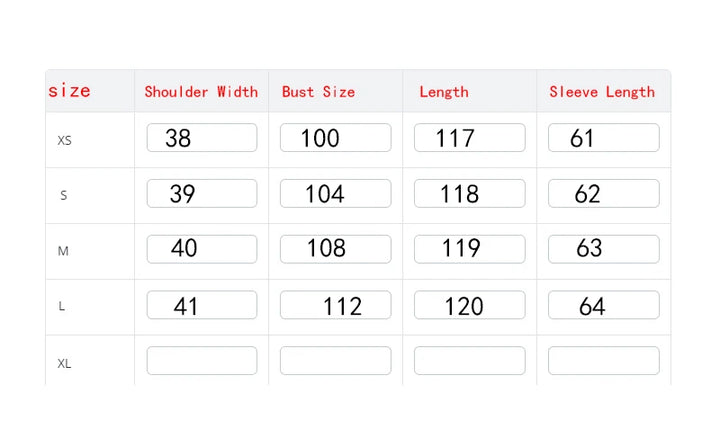 Størrelsesguide tabel for tøj med målinger: skulderbredde, bryststørrelse, længde og ærmelængde for størrelser XS til XL.