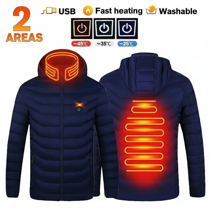 Opvarmet jakke med USB, hurtig opvarmning og vaskbar funktion. Viser opvarmningszoner ved 45°C, 35°C, 25°C. Ideel til vinterbrug.
