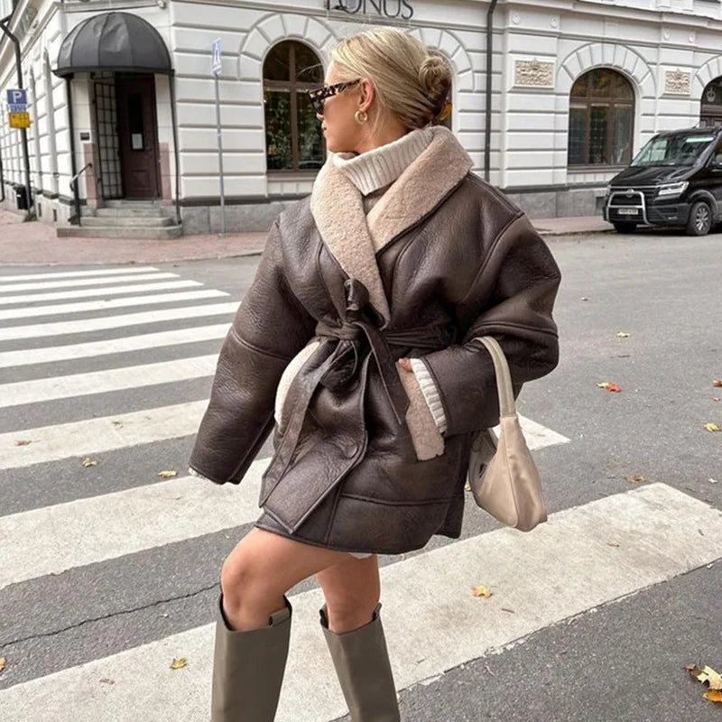 Kvinde iført brun læderjakke med bælte og beige krave, står på fodgængerfelt. Hun bærer beige taske og støvler. Bygning i baggrunden.