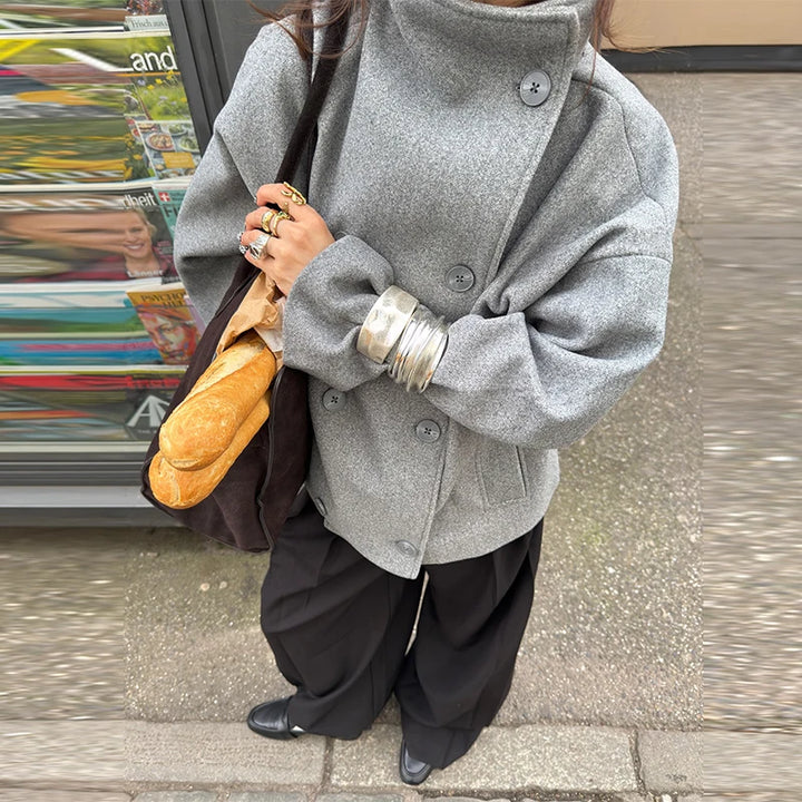 Krótki Płaszcz Podwójny Guzik | Wysoki Kołnierz Luźny Krój Miejski Casual