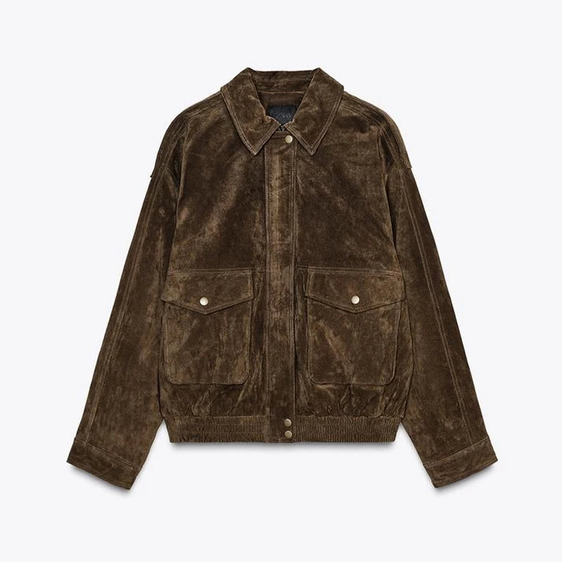 Bomberjakke Ruskind Vintage | Lynlås Revers Lommer Dame Overtøj