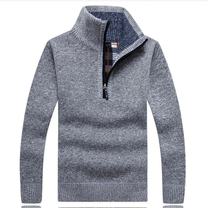 Pulover groasă pentru bărbați din fleece cu fermoar pe jumătate, guler înalt, pulover cald, pulover tricotat din lână
