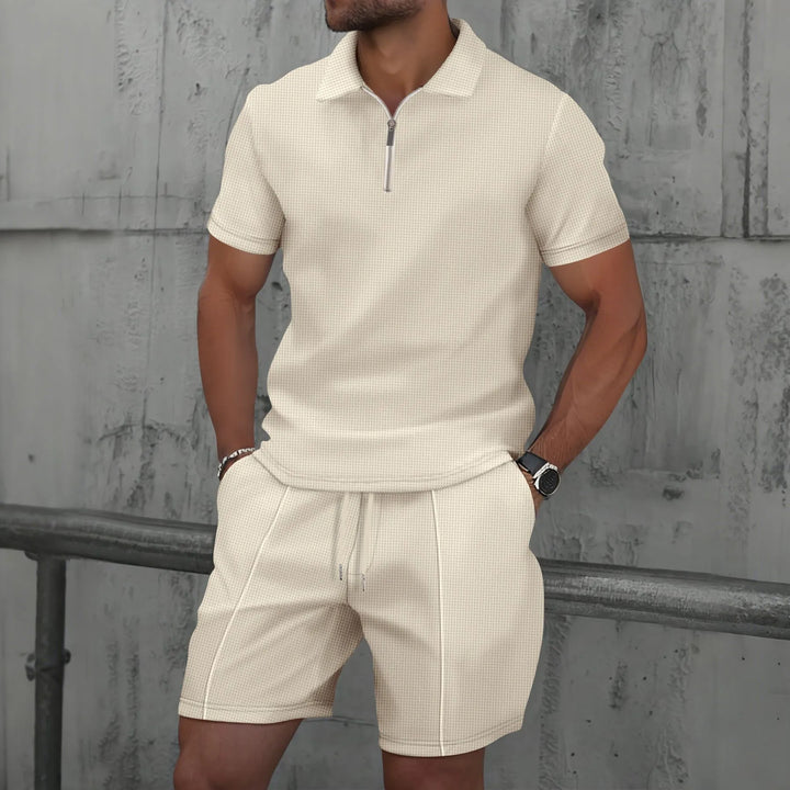 Hombres Europa y EE.UU. nuevo verano waffle liso cremallera solapa conjunto de manga corta con pantalones cortos dos piezas