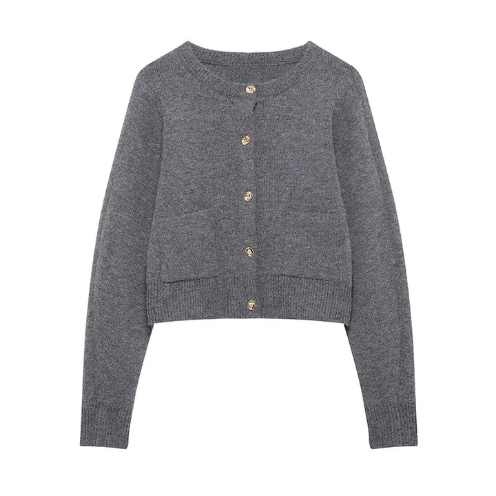 Grå strikcardigan med lange ærmer og guldknapper, klassisk design, blød uldblanding, perfekt til efterår og vintermode.