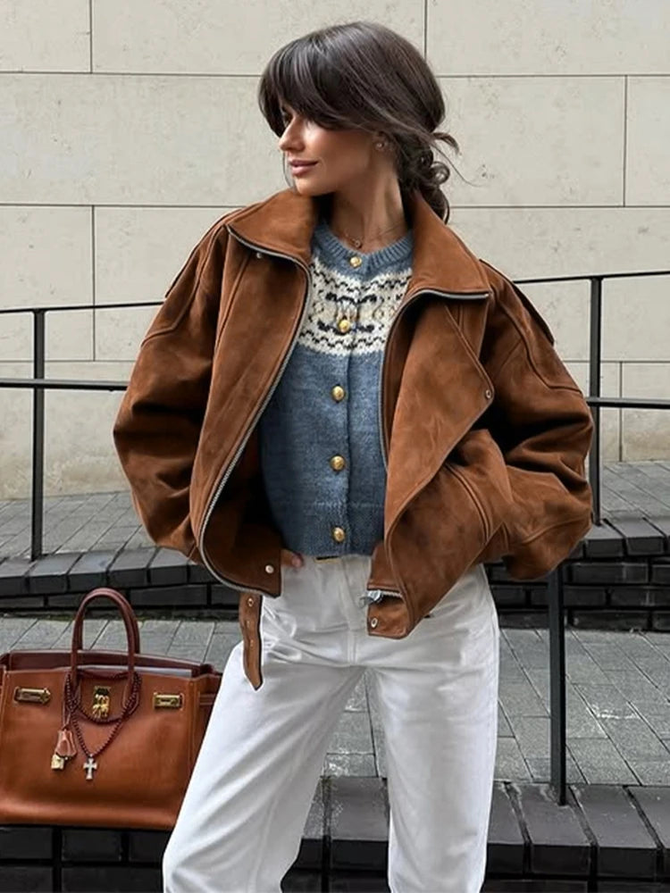 Ruskind Bomber Jakke Løs | Revers Lynlås Lommer Vintage Kvinde