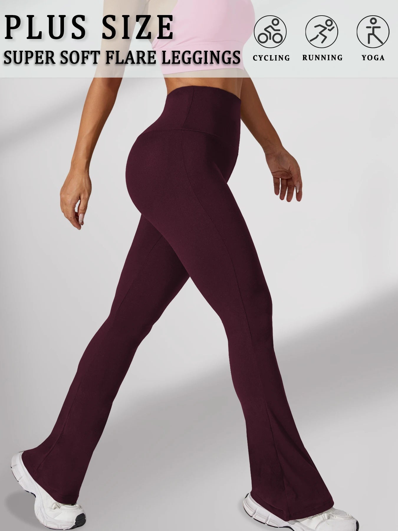 Plus size bordeaux flare leggings til kvinder, super bløde og ideelle til cykling, løb og yoga. Komfortabelt og stilfuldt træningstøj.