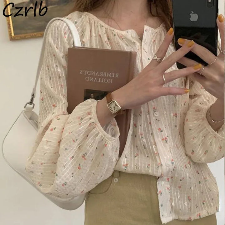 Blusa de gasa para mujer verano estampado floral chica manga farol larga cuello redondo con botones elegante sencilla