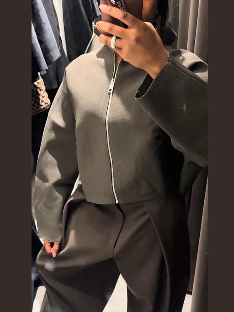 Kurtka krótka oversize | Wysoki kołnierz z zamkiem krótka casual damska