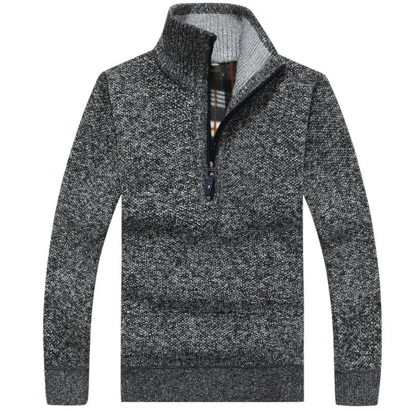Pulover groasă pentru bărbați din fleece cu fermoar pe jumătate, guler înalt, pulover cald, pulover tricotat din lână