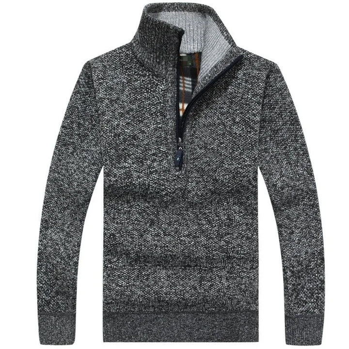 Pulover groasă pentru bărbați din fleece cu fermoar pe jumătate, guler înalt, pulover cald, pulover tricotat din lână