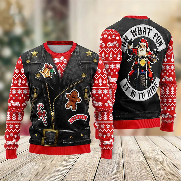 Julesweater med motorcykeltema, læderjakkeprint, julemand på motorcykel, peberkagemand, slikstok, stjerner, rød og sort design, festlig beklædning.