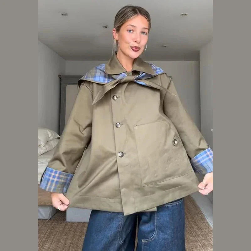 Płaszcz przeciwdeszczowy odwracalny w kratę | Haft pojedynczy guzik długi rękaw damski