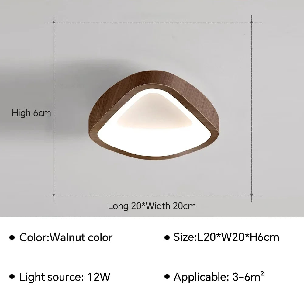 Moderne LED-loftlampe i valnøddefarve, trekantet design, 12W, dimensioner 20x20x6 cm, ideel til rum på 3-6 m².