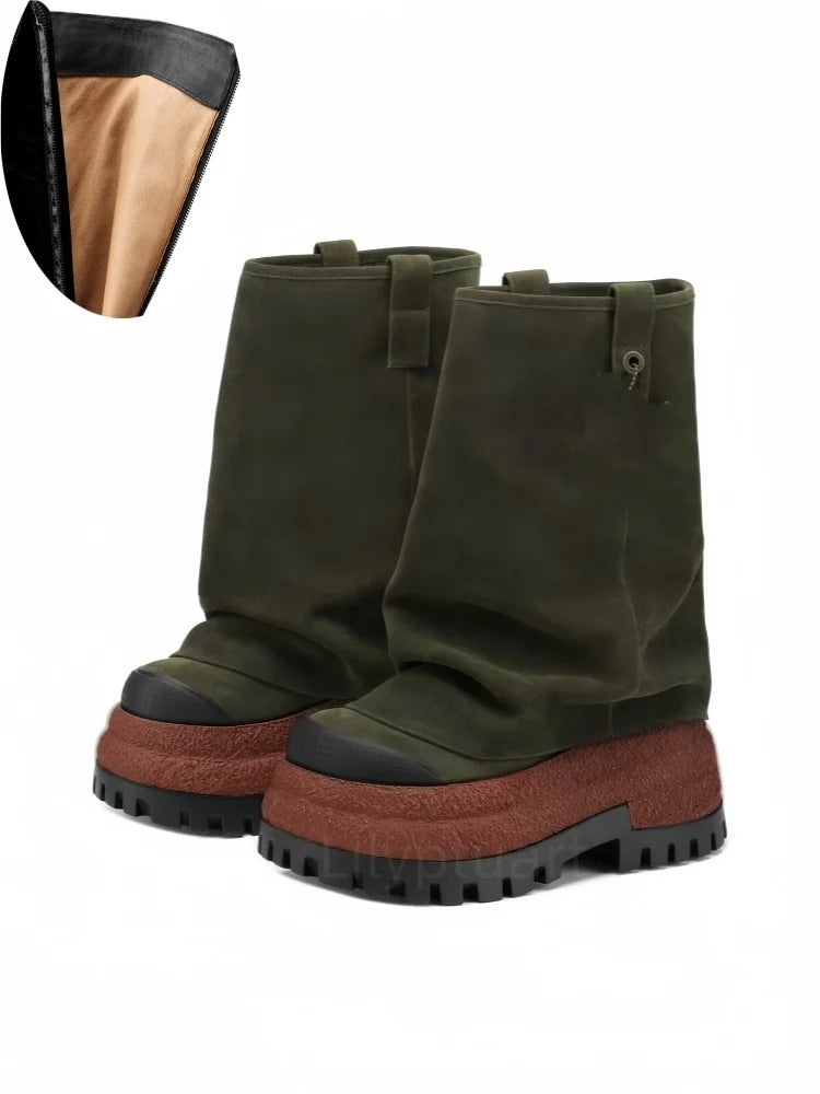 Grønne støvler med tykke, brune såler og sort kant. Robust design, velegnet til udendørs brug. Indvendig foring i beige. Trendy og funktionelle.