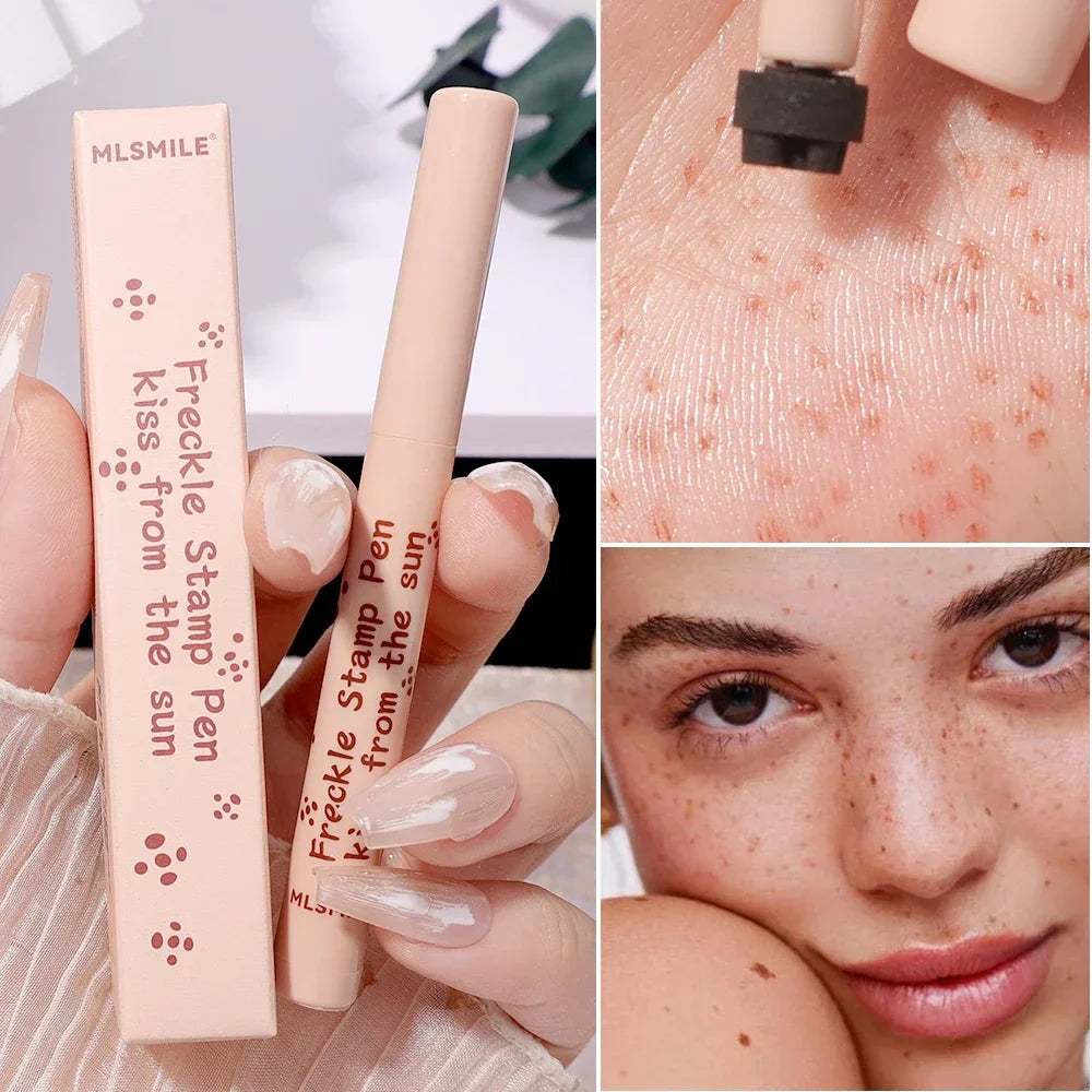 Freckle Stamp Pen fra MLSMILE, makeupværktøj til naturlige fregner, nærbillede af applikation og model med fregner, skønhedstrend.