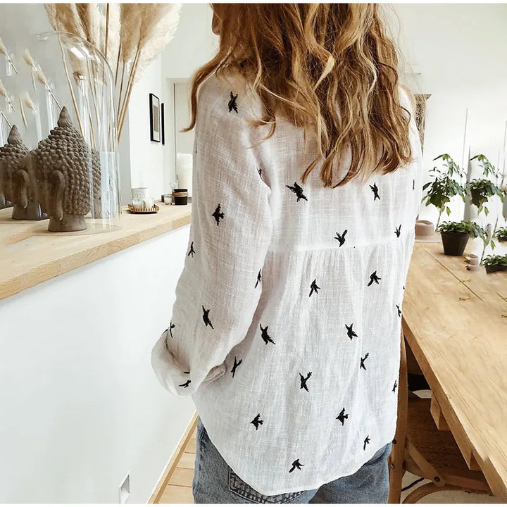 Camisa estampada Modekvinde manga larga algodón top oficina casual suelto top grande primavera verano