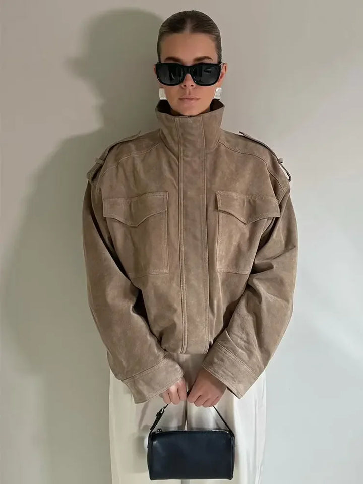 Kurtka bomber zamszowa | Zamek błyskawiczny Długie rękawy Kieszenie Jesień Kobieta