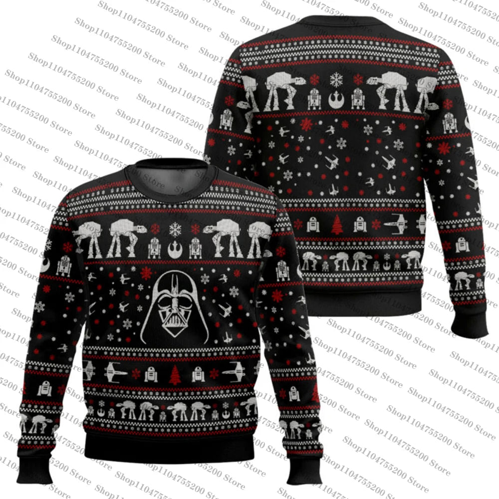 Sort Star Wars julesweater med Darth Vader-motiv, AT-AT, og julemotiver. Perfekt til fans af Star Wars og julefester. Unisex design.