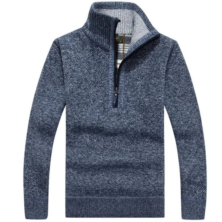 Pulover groasă pentru bărbați din fleece cu fermoar pe jumătate, guler înalt, pulover cald, pulover tricotat din lână
