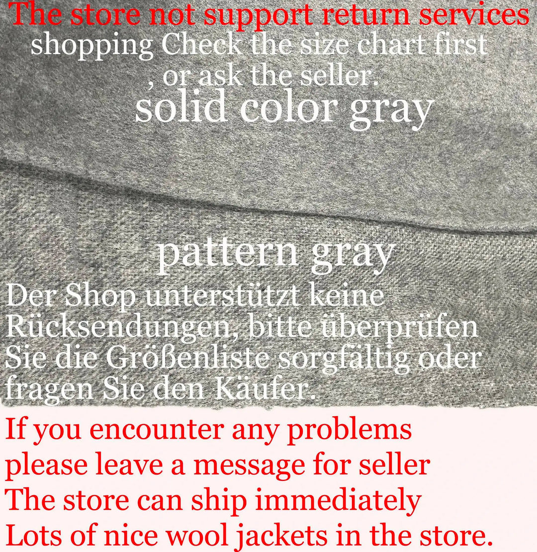 Grå uldjakke med mønster og tekst om returpolitik. Solid farve, mønstret design. Tjek størrelsesguide før køb. Hurtig levering tilgængelig.