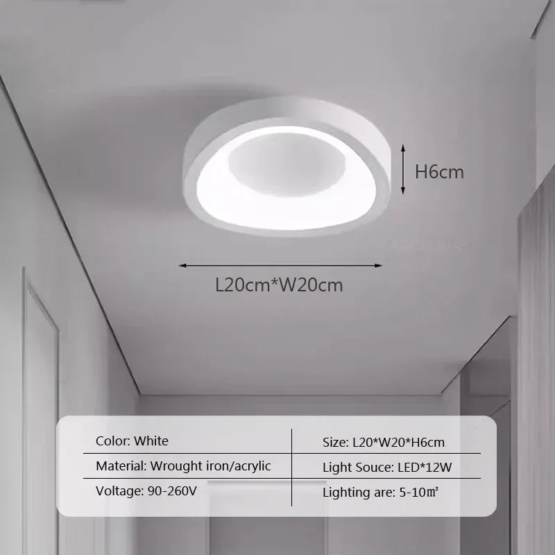Hvid LED loftlampe, rund form, 20x20x6 cm, lavet af smedejern/akryl, 12W, spænding 90-260V, belysningsområde 5-10 m².