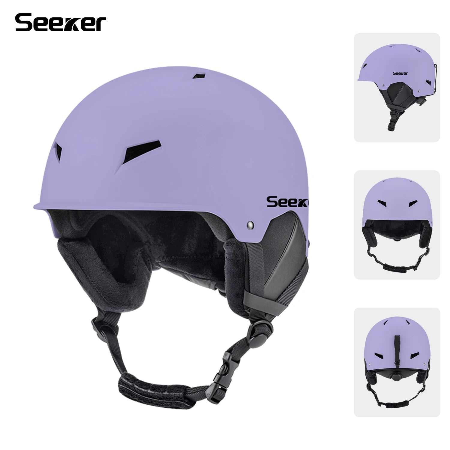 Lilla Seeker skihjelm med justerbar rem, ventilationshuller og polstret indre. Perfekt til vintersport og sikkerhed på pisterne.