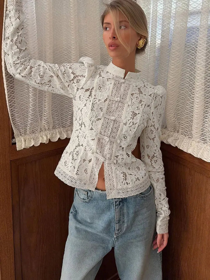 Tossy verano blusa de encaje para mujer patrón hueco vintage blusa transparente blusa ligera de encaje