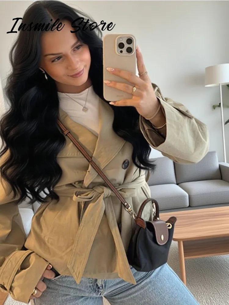 Krótki trencz z paskiem | Dwurzędowy wysoki kołnierz damska kurtka