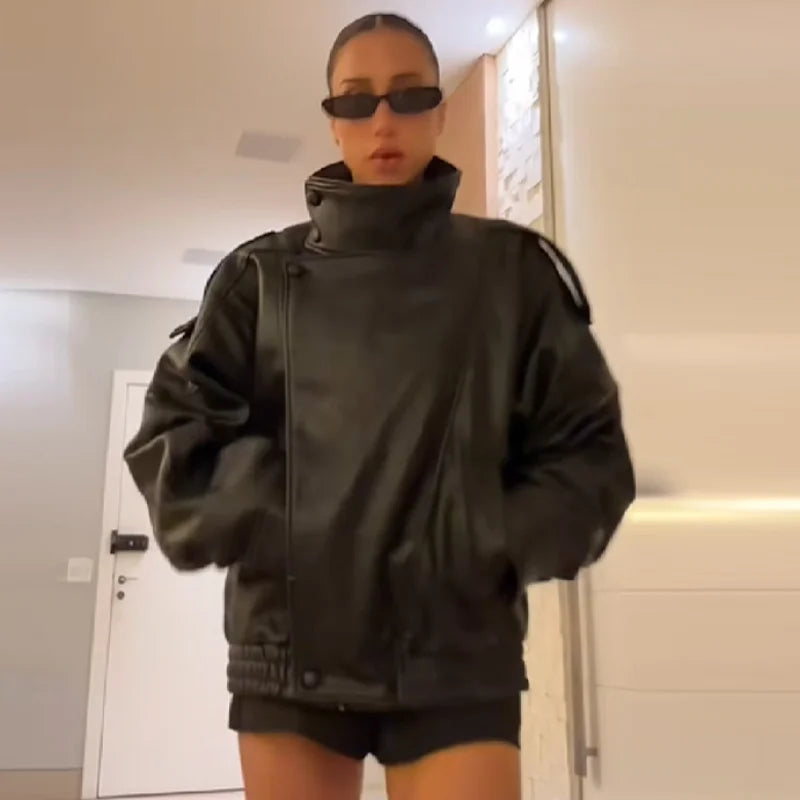 Kurtka z PU skóry z wysokim kołnierzem | Luźny krój Casual Chic Streetwear