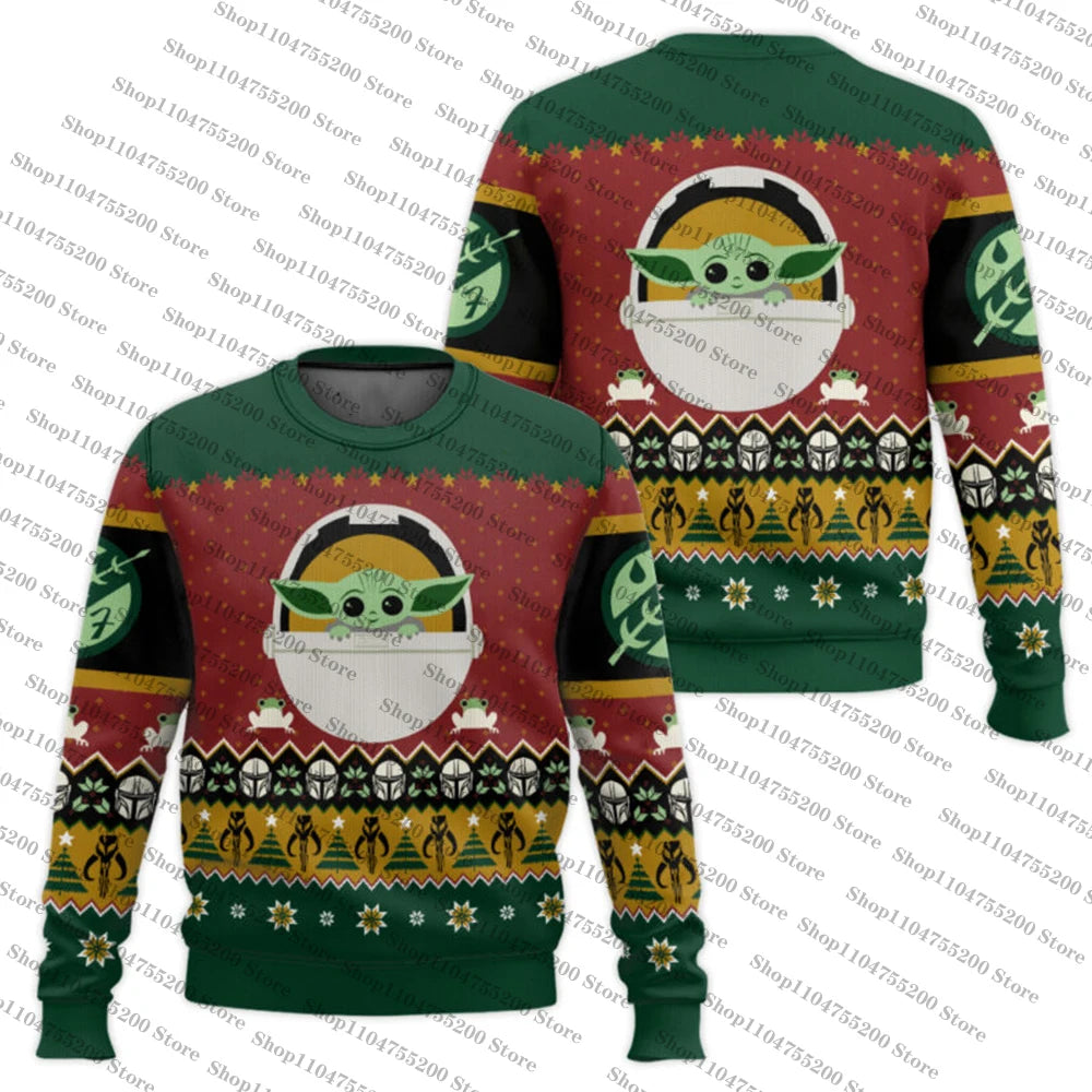 Grøn og rød julesweater med Baby Yoda-motiv, Star Wars-tema, strikmønster, perfekt til jul, unisex design, komfortabel og stilfuld.