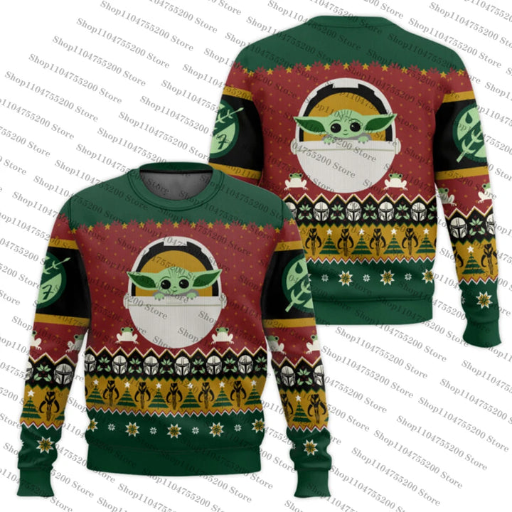Grøn og rød julesweater med Baby Yoda-motiv, Star Wars-tema, strikmønster, perfekt til jul, unisex design, komfortabel og stilfuld.