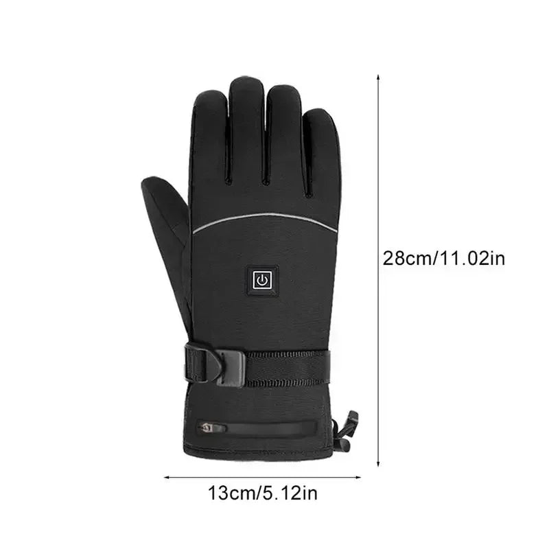 Sort opvarmet handske med justerbar rem, touchskærm-kompatibilitet og mål på 28 cm x 13 cm. Ideel til vinteraktiviteter og udendørs sport.