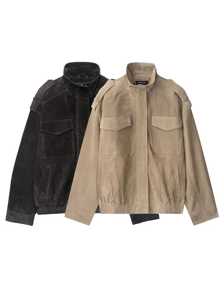 Kurtka bomber zamszowa | Zamek błyskawiczny Długie rękawy Kieszenie Jesień Kobieta