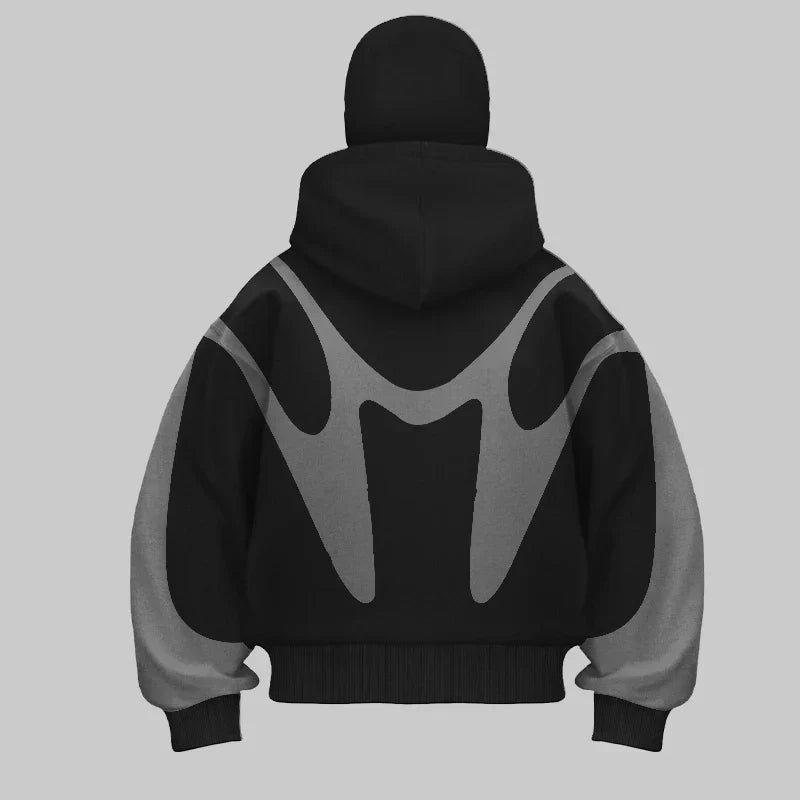 Sort og grå hættetrøje med abstrakt mønster på ryggen, moderne streetwear design, unisex mode, komfortabel hoodie til hverdagsbrug.