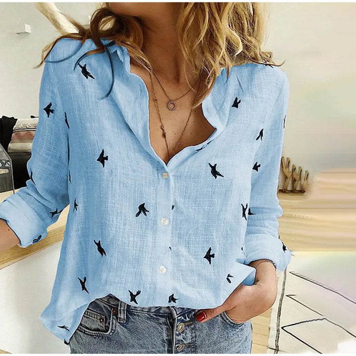Camisa estampada Modekvinde manga larga algodón top oficina casual suelto top grande primavera verano