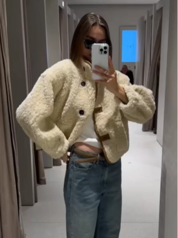 Kurtka z wełny jagnięcej krótka | Odwrócony dekolt w serek wysoki kołnierz casual ciepła