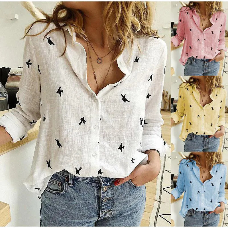 Camisa estampada Modekvinde manga larga algodón top oficina casual suelto top grande primavera verano