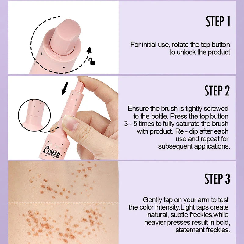 Trin-for-trin guide til påføring af falske fregner med en lyserød applikator. Inkluderer instruktioner til produktbrug og justering af farveintensitet.