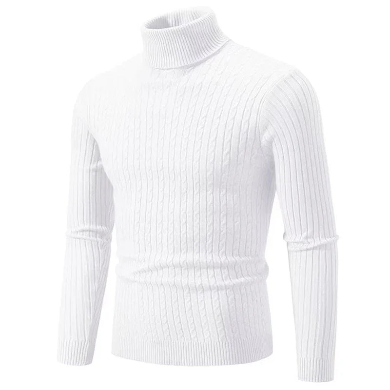 Hvid rullekrave sweater til mænd i kabelstrik, langærmet og stilfuld. Perfekt til vintermode og casual outfits. Komfortabel og varm beklædning.