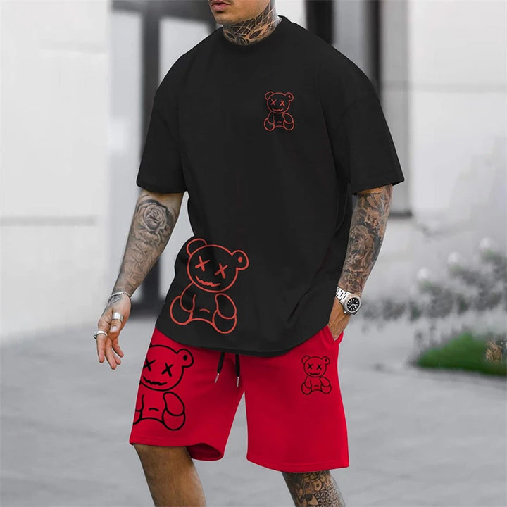 Camiseta Sjov bjørn Harajuku para hombres verano suelto conjunto diario de pareja al aire libre calle camiseta de manga corta y pantalones cortos conjunto de verano de dos piezas