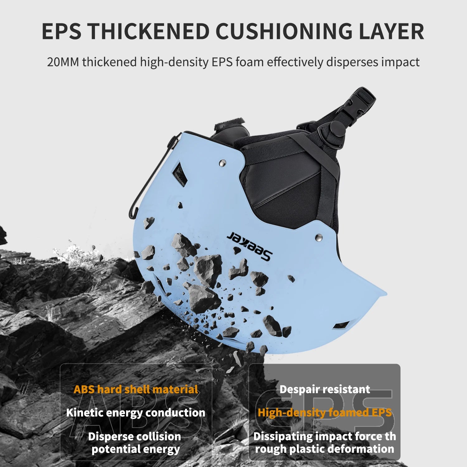 Blå cykelhjelm med EPS skum, ABS hård skal, stødabsorberende design, modstandsdygtig over for slag, placeret på klippebaggrund.
