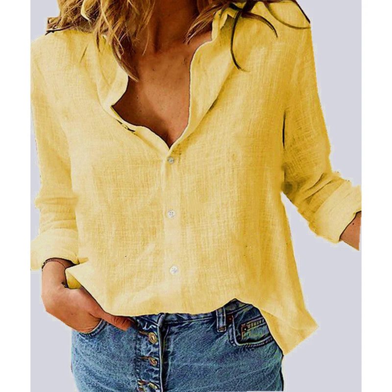 Camisa estampada Modekvinde manga larga algodón top oficina casual suelto top grande primavera verano