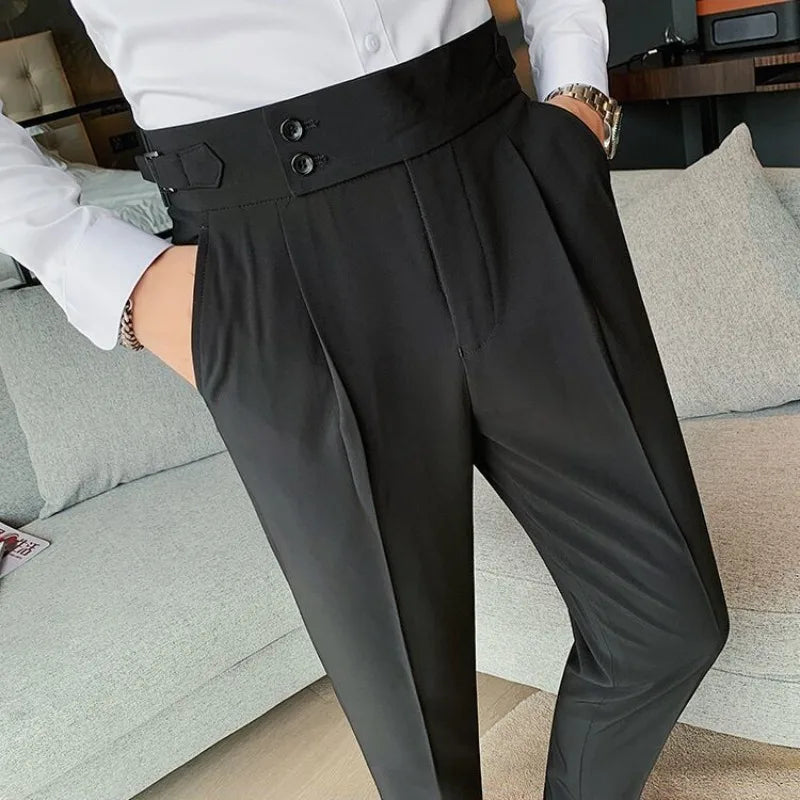 Pantalones de traje para hombre cintura alta pantalones rectos de negocios estilo coreano pantalones formales elegantes