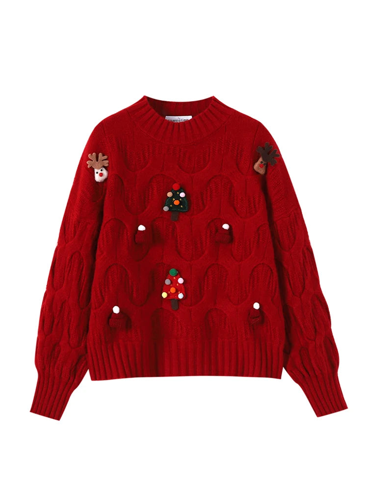 Rød julesweater med bølgemønster, dekoreret med juletræer og rensdyr. Perfekt til jul, varm og stilfuld. Ideel til vintermode og festligheder.
