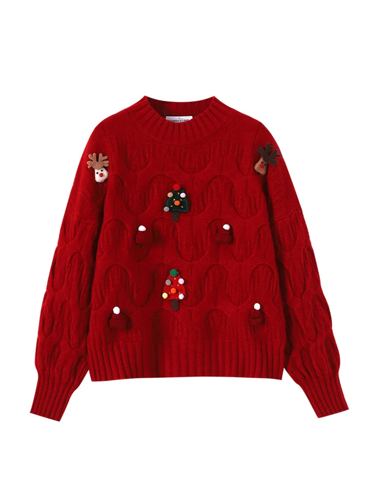 Rød julesweater med bølgemønster, dekoreret med juletræer og rensdyr. Perfekt til jul, varm og stilfuld. Ideel til vintermode og festligheder.
