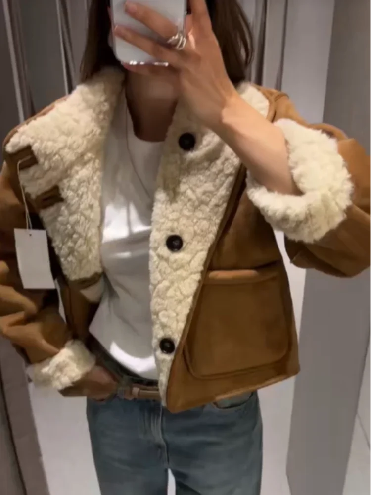 Kurtka z wełny jagnięcej krótka | Odwrócony dekolt w serek wysoki kołnierz casual ciepła