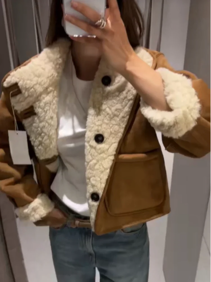 Kurtka z wełny jagnięcej krótka | Odwrócony dekolt w serek wysoki kołnierz casual ciepła