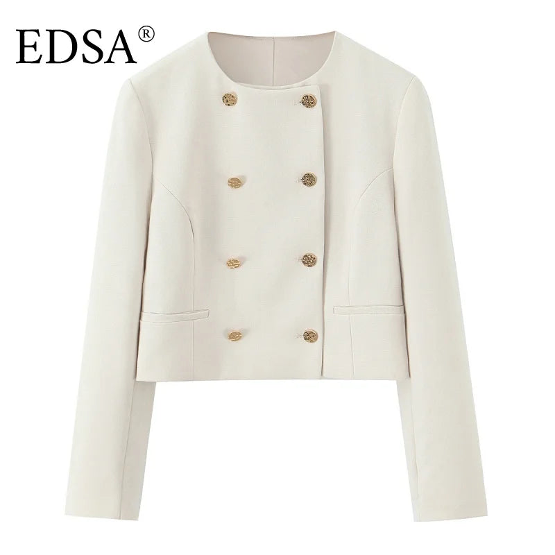 Hvid dobbeltradet blazerjakke med guldknapper, elegant design, langærmet, perfekt til formelle lejligheder. EDSA mærke.